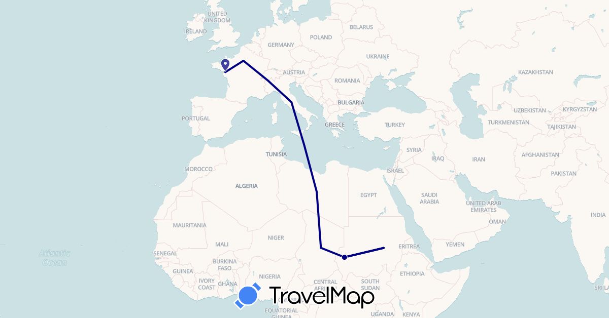 TravelMap itinerary: driving in France, Italy, Libya, Sudan, Chad (Africa, Europe)